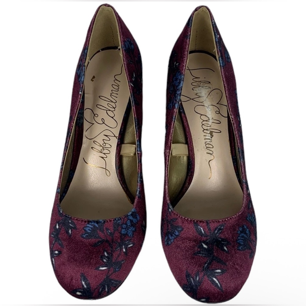 EUC Libby Edelman Velvet Floral Sean Block Heel Maroon 9.5
